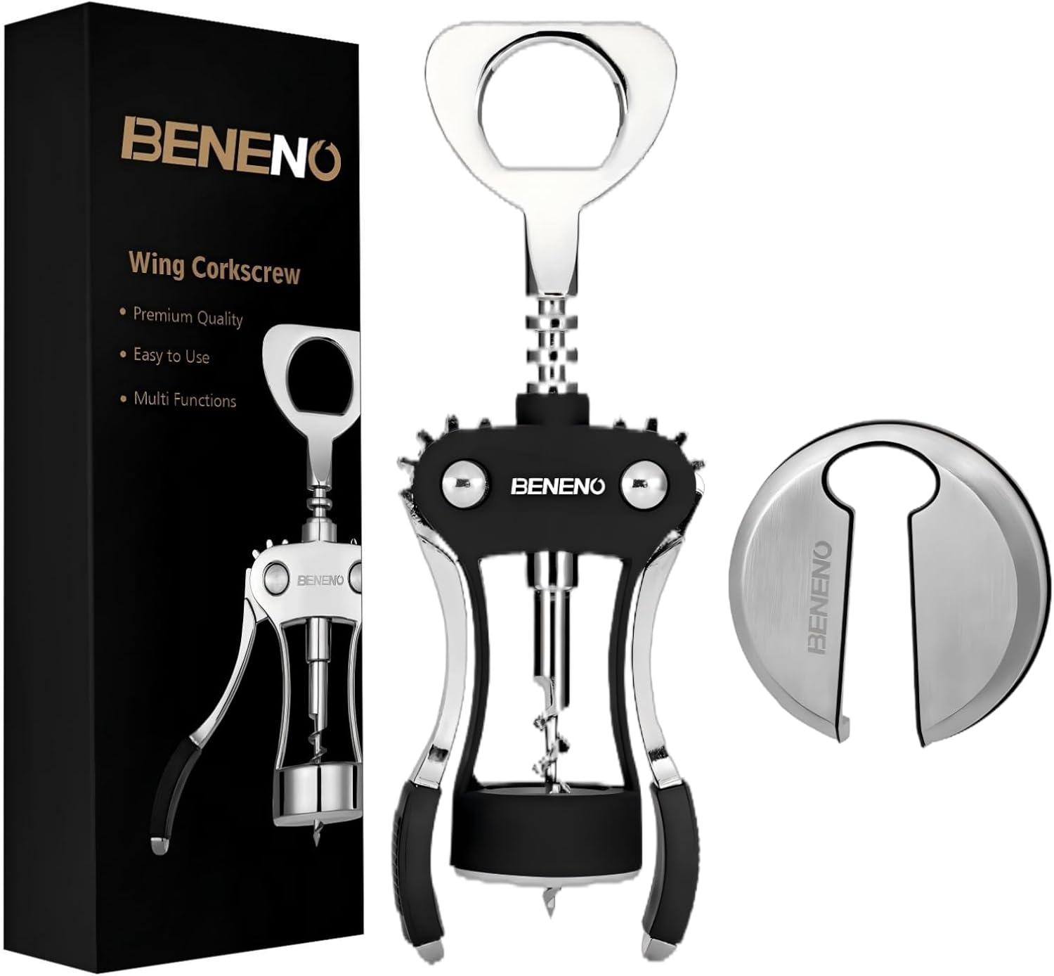 Beneno Wine Opener with Stainless Steel Wine Foil Cutter/Leak Proof Wine Vacuum Stopper