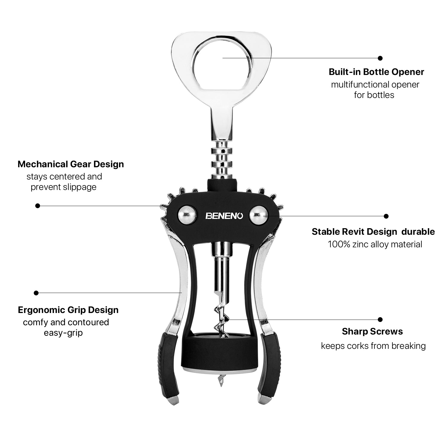 Beneno Wine Opener with Stainless Steel Wine Foil Cutter/Leak Proof Wine Vacuum Stopper