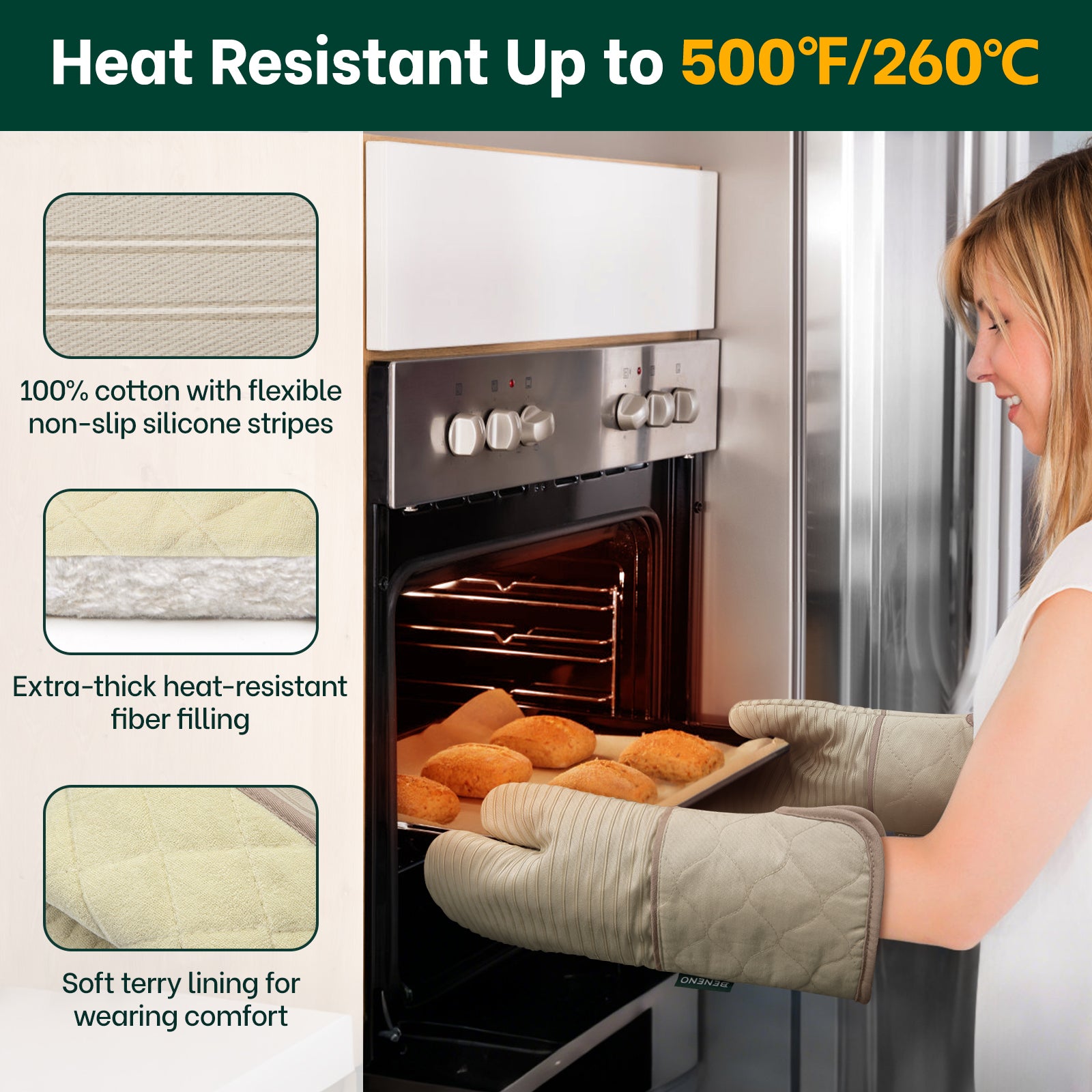 Beneno Cotton Oven Mitts with Silicone Grip – 2pcs