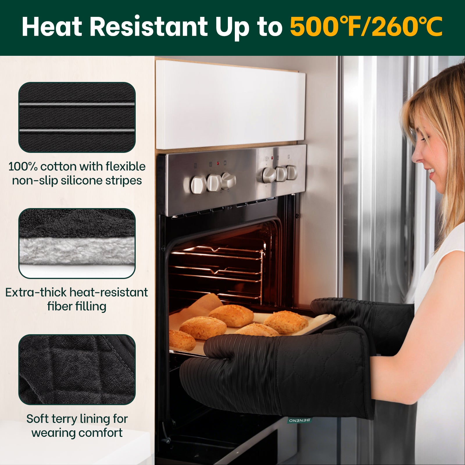 Beneno Cotton Oven Mitts with Silicone Grip – 2pcs