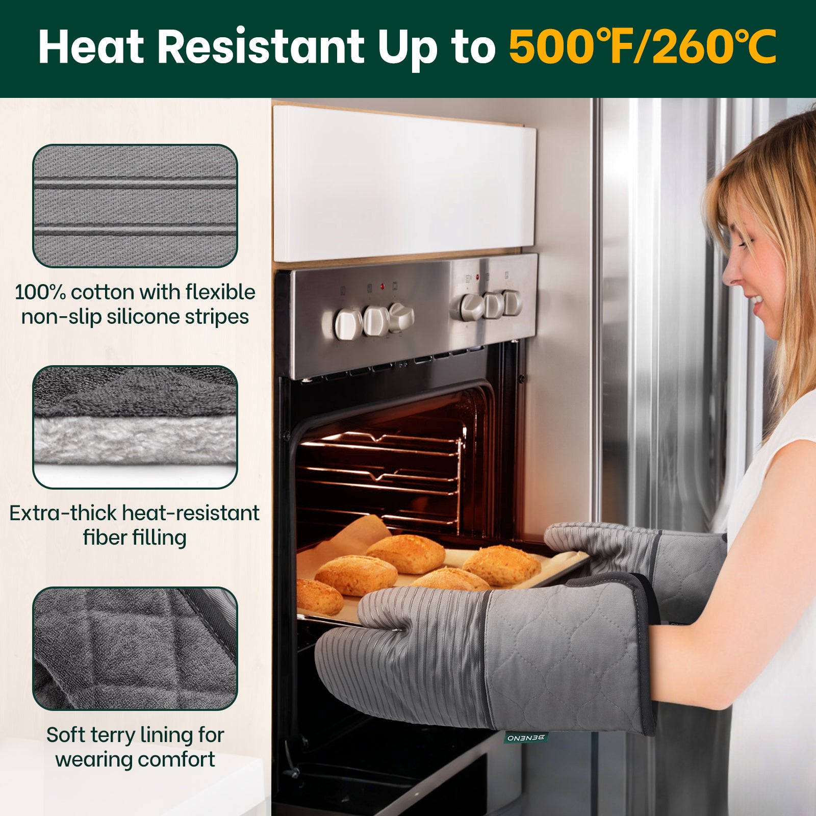 Beneno Cotton Oven Mitts with Silicone Grip – 2pcs