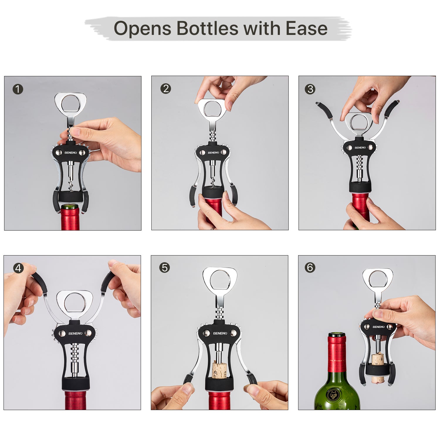 Beneno Wine Opener with Stainless Steel Wine Foil Cutter/Leak Proof Wine Vacuum Stopper