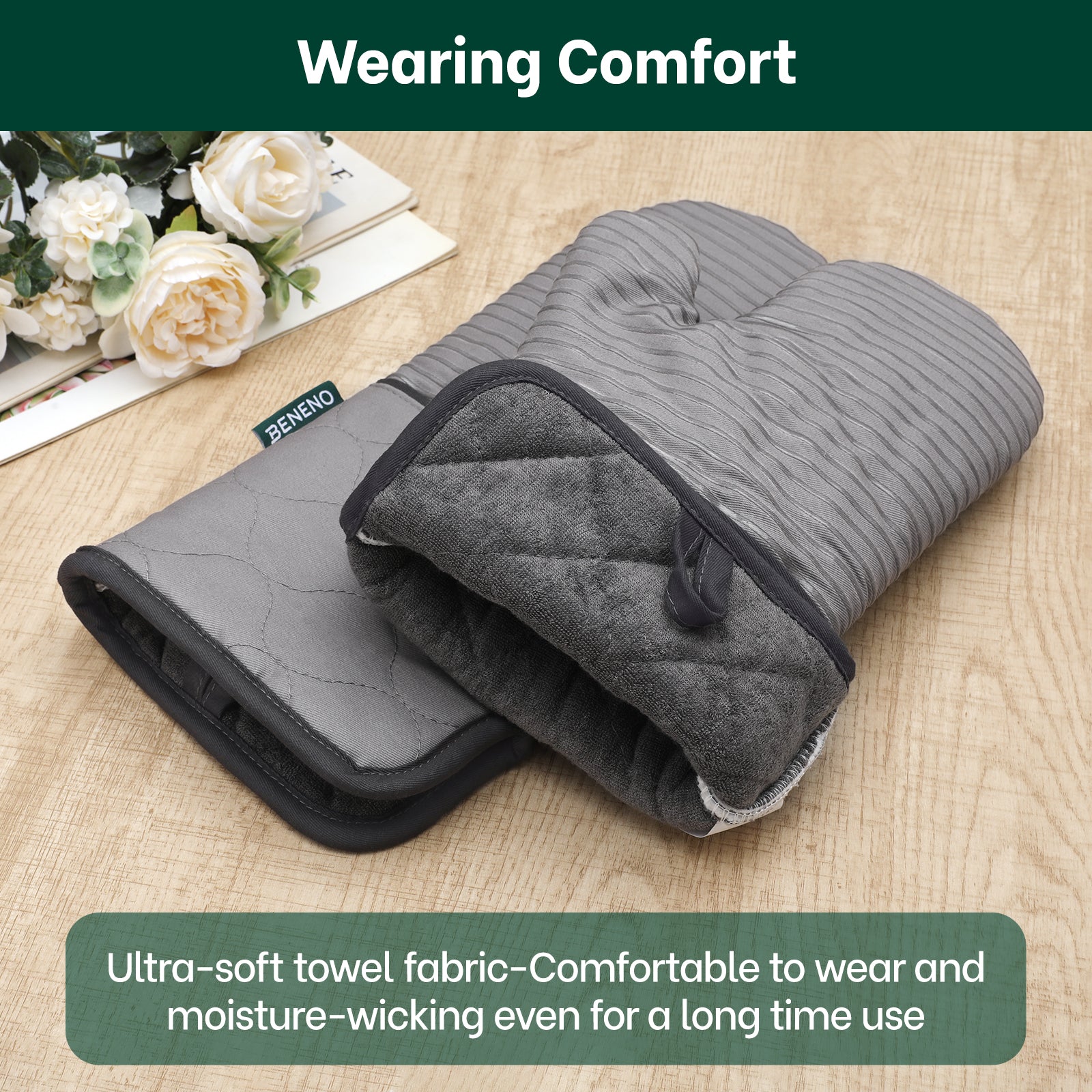 Beneno Cotton Oven Mitts with Silicone Grip – 2pcs