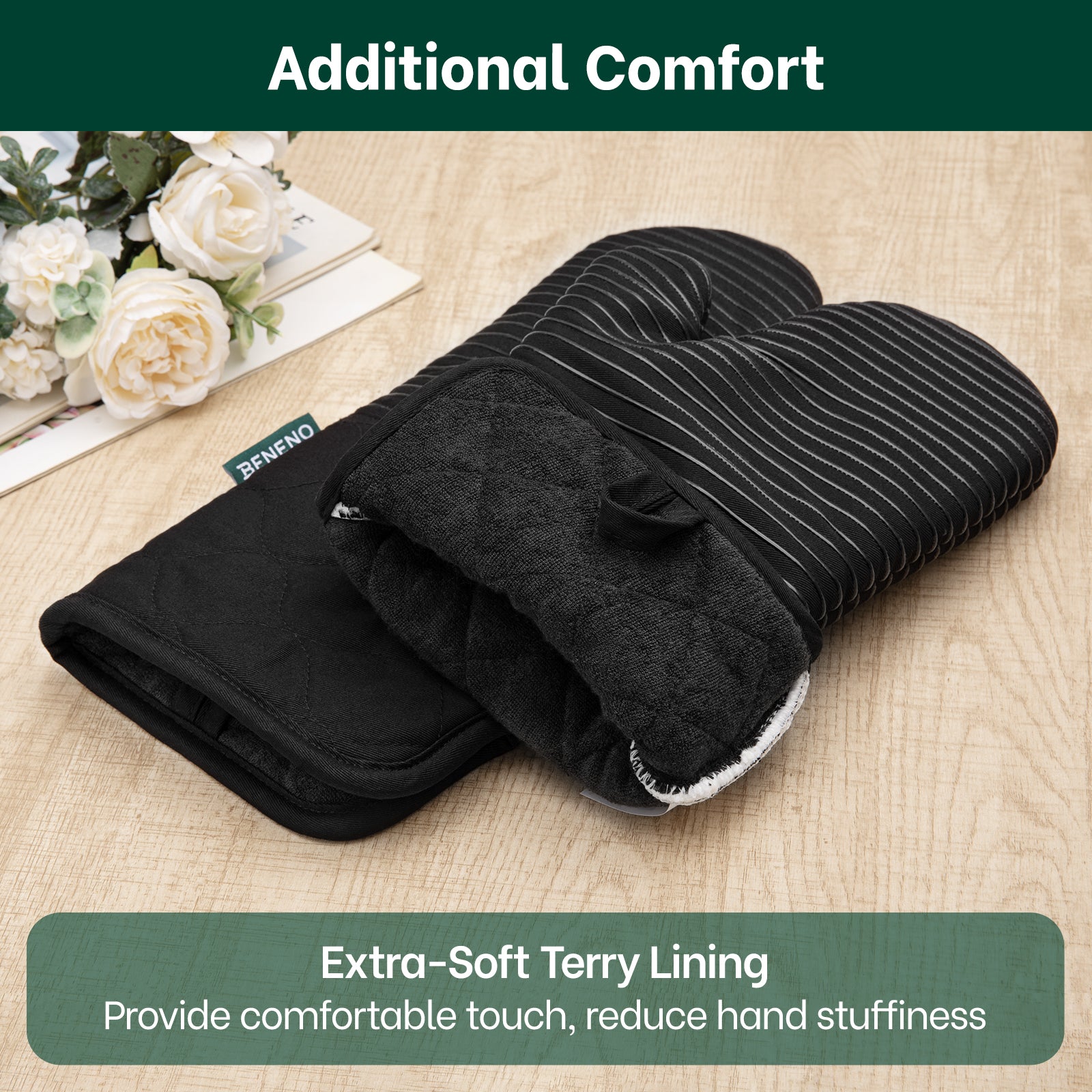 Beneno Cotton Oven Mitts with Silicone Grip – 2pcs