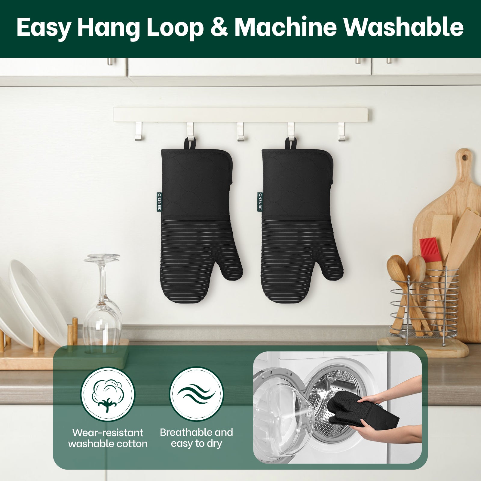 Beneno Cotton Oven Mitts with Silicone Grip – 2pcs