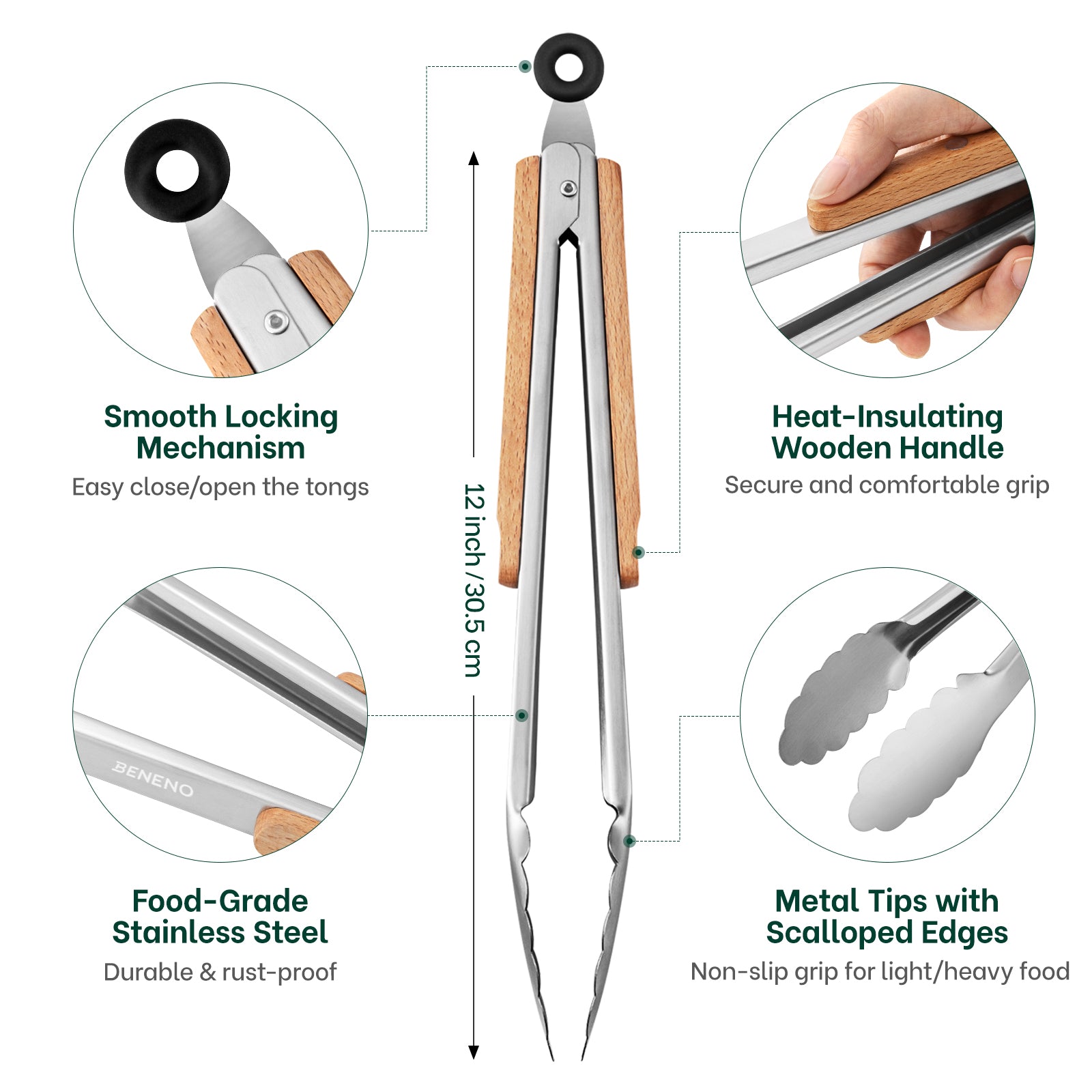 Beneno Heat Resistant Food-Grade Stainless Steel Kitchen Tongs