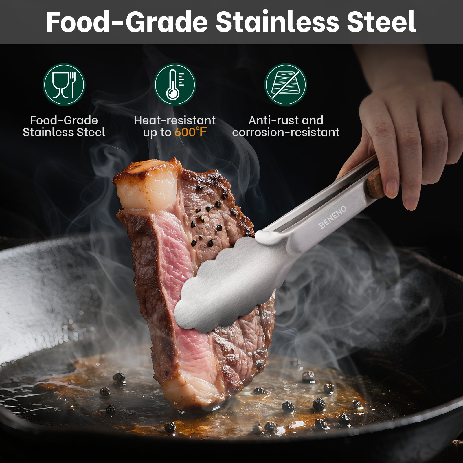 Beneno Heat Resistant Food-Grade Stainless Steel Kitchen Tongs