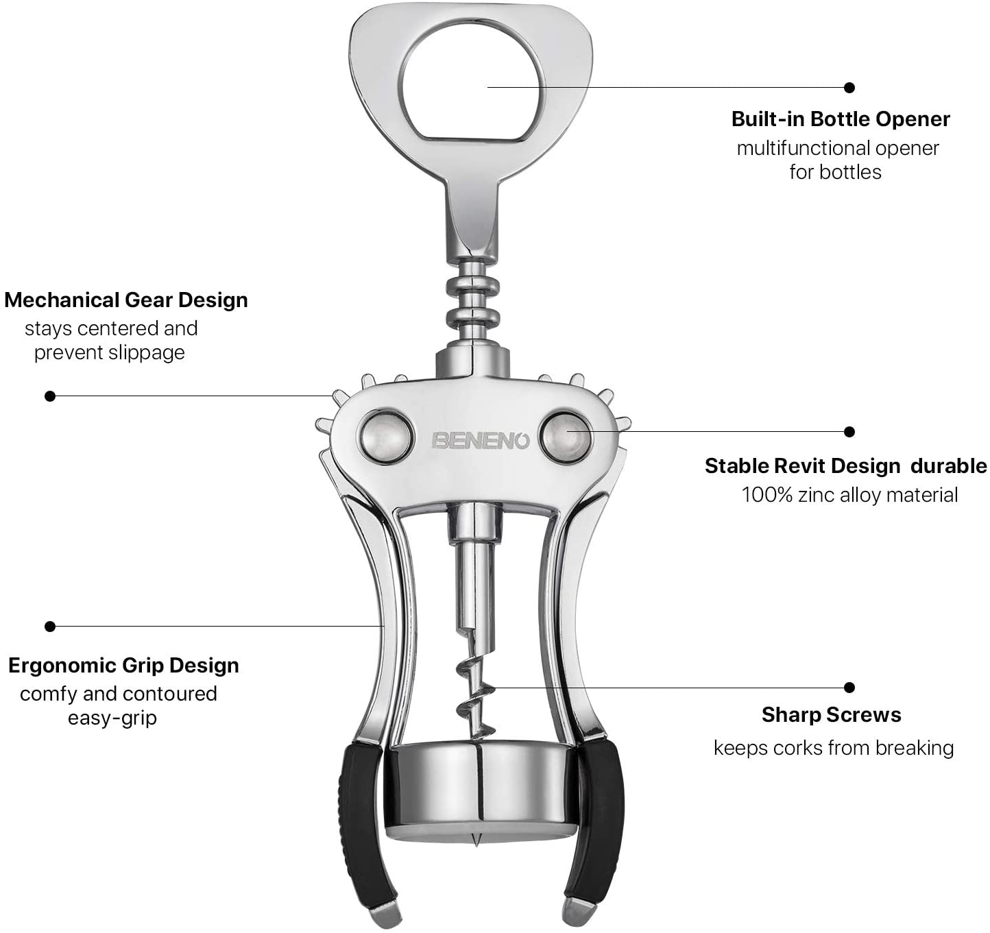 Beneno Wine Opener with Stainless Steel Wine Foil Cutter/Leak Proof Wine Vacuum Stopper