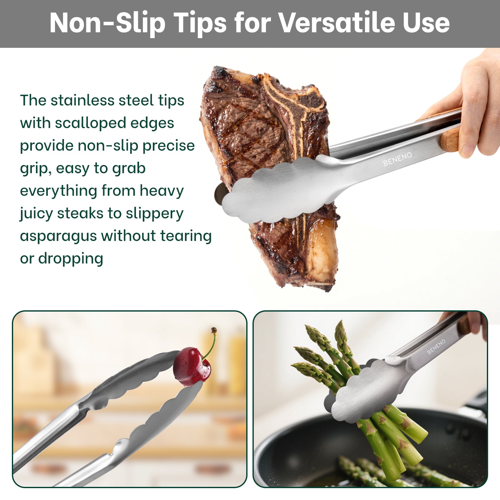 Beneno Heat Resistant Food-Grade Stainless Steel Kitchen Tongs