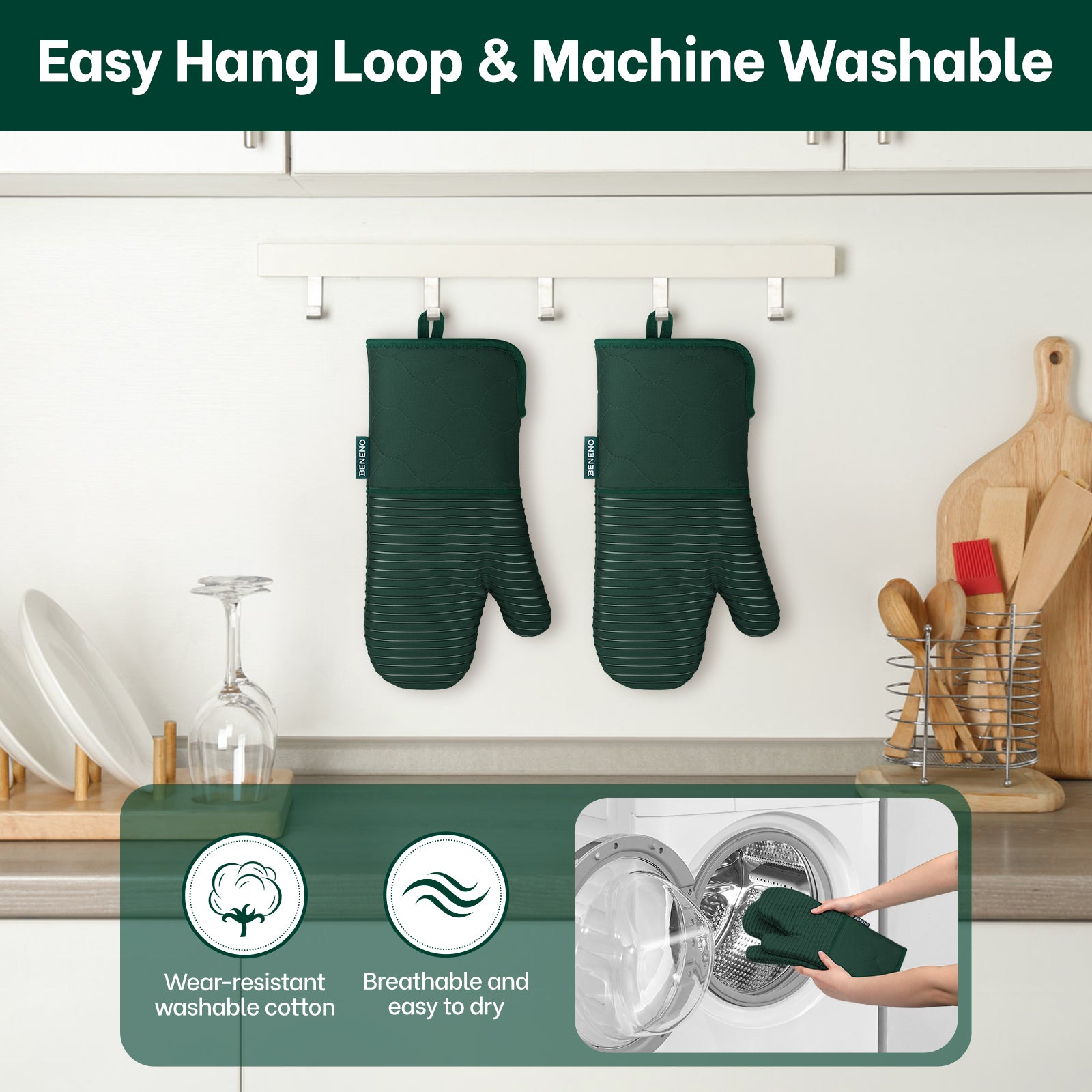 Beneno 2Pcs Oven Mitts Green
