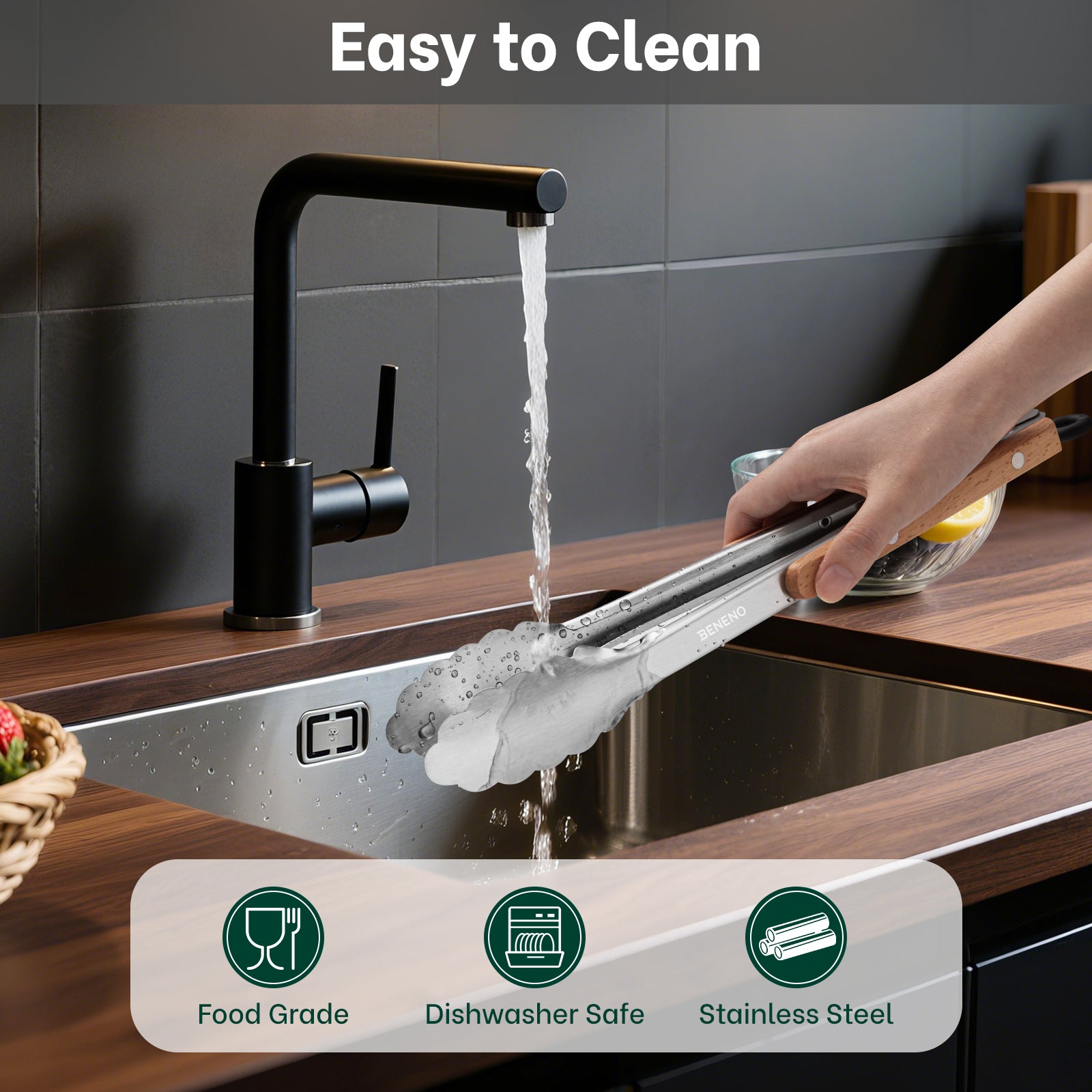 Beneno Heat Resistant Food-Grade Stainless Steel Kitchen Tongs